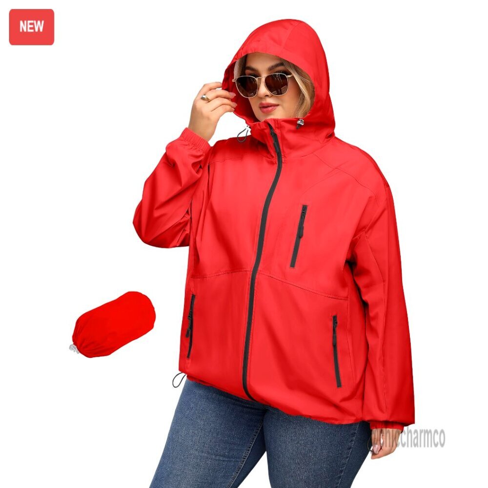 Plus Size Waterproof Rain Jacket with Hood Lightweight Packable Trench Coat